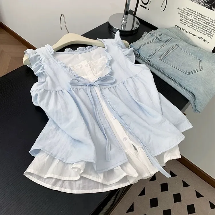 女童假两件无袖衬衫夏季2025新款中大童宽松撞色花边拼接洋气上衣