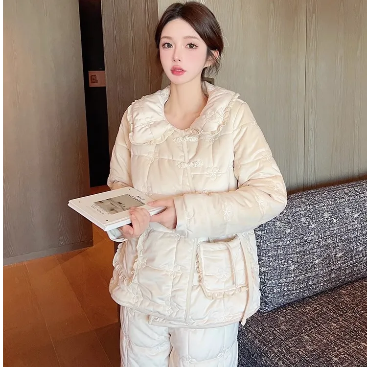 睡衣女款冬季爆款2026新中式三层夹棉加绒加厚保暖简约国风睡衣