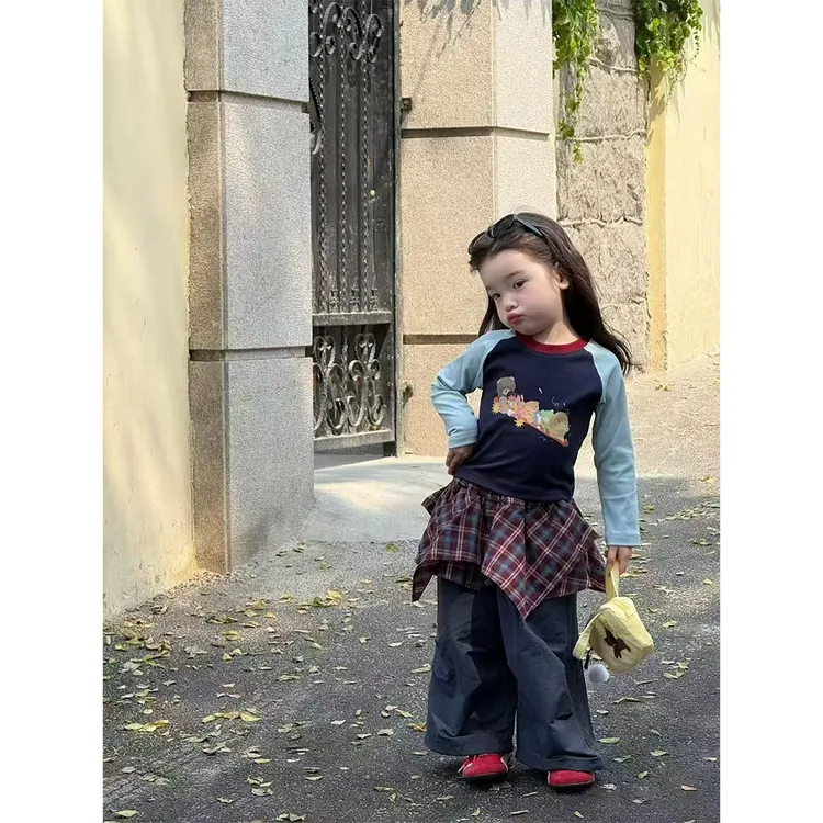 女童韩版25秋季新款儿童卡通时髦假两件上衣撞色修身T恤叠穿套装