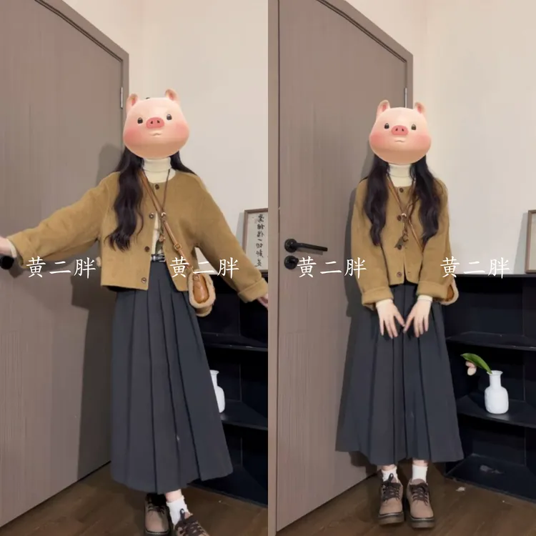 韩版宽松显瘦圆领毛呢外套女2025秋冬新款小香风双面绒大衣两件套