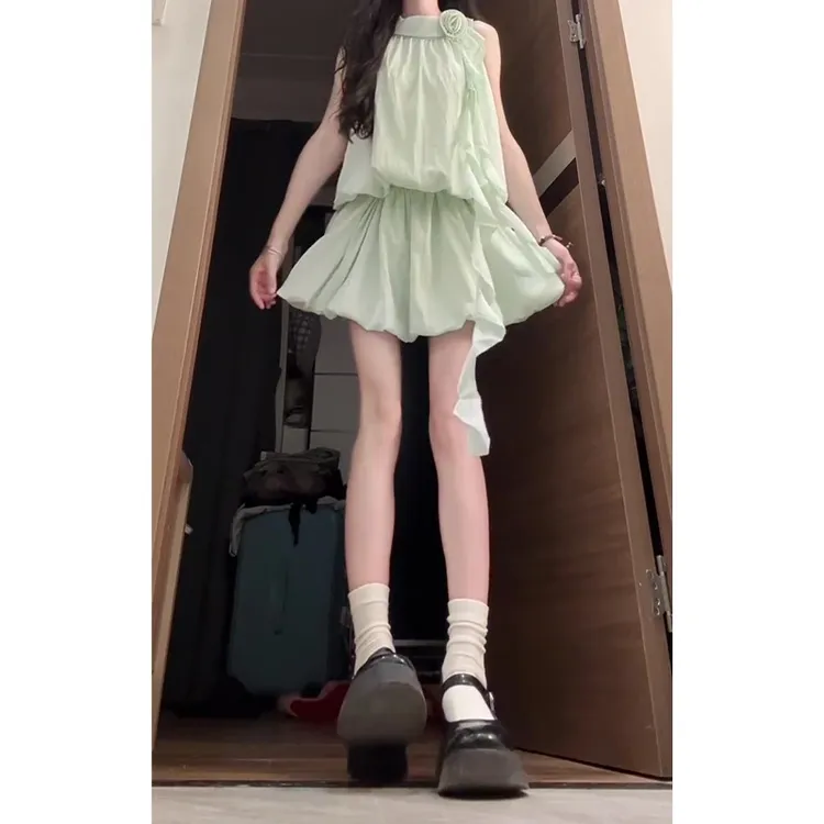2025夏季新款韩版花朵荷叶边无袖上衣女高腰显瘦花苞短裙两件套装