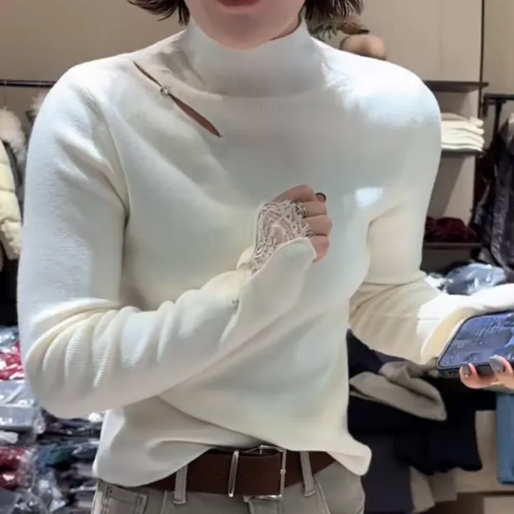 2025新款冬季中领袖口分叉拼接蕾丝百搭针织衫上衣LK2508183
