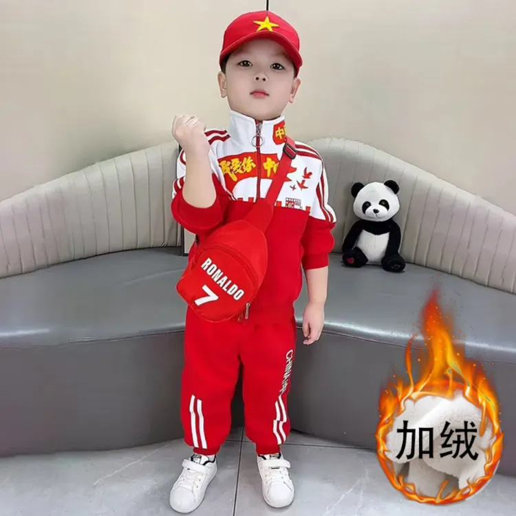 男女童国潮红套装2025冬季新款儿童宝宝中国风帅气国潮运动三件套
