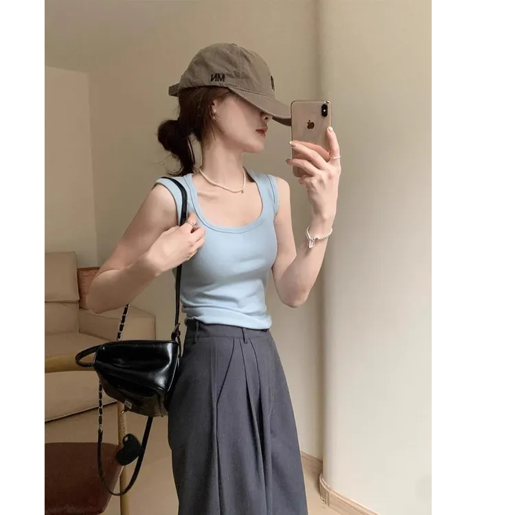 2025春夏新款纯色显瘦遮副乳方领背心修身短款百搭美背防走光吊带
