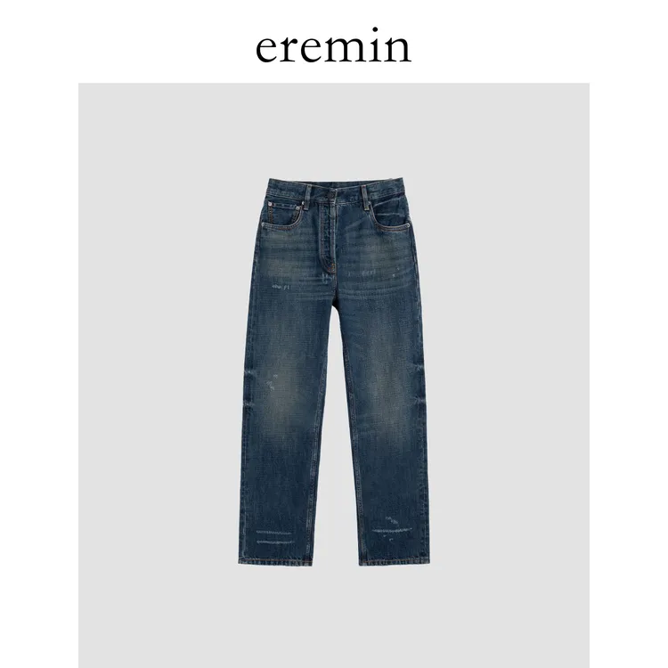 DE Mincollection深蓝磨破牛仔/复古丹宁水洗窄版直筒牛仔裤56199