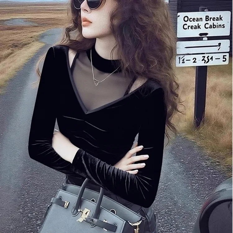 黑色T恤女秋冬高级感轻奢减龄洋气独特超好看法式网纱拼接金丝绒