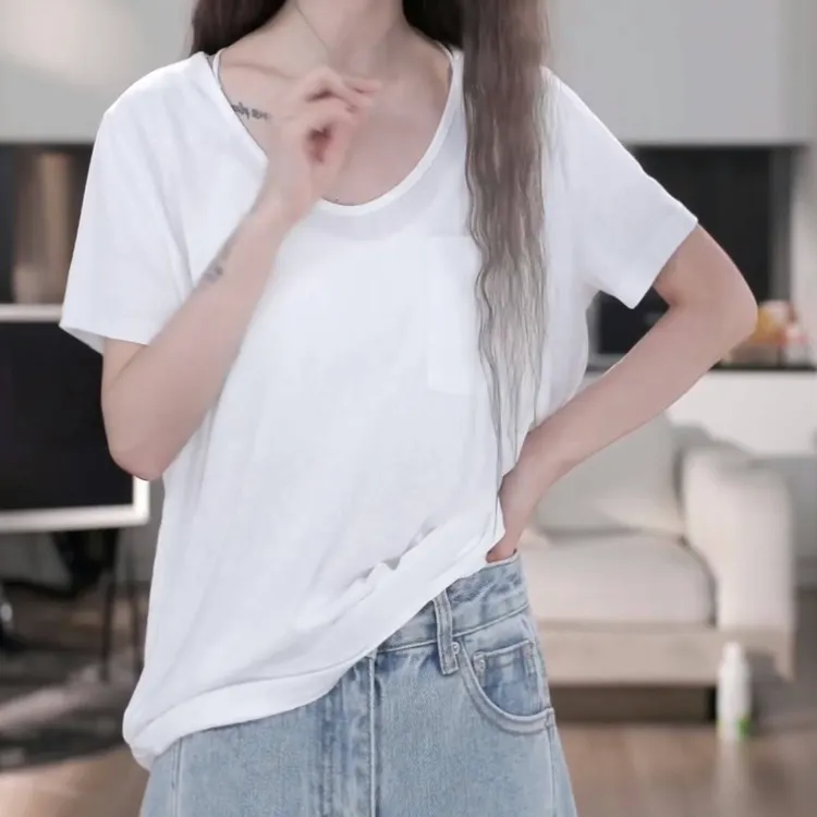 设计感口袋纯色圆领短袖T恤女2025夏季新款韩版百搭休闲简约上衣