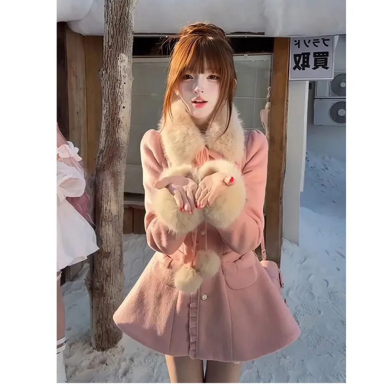 【蜜桃初雪】小个子千金氛围感毛领毛呢大衣A字收腰摆甜美外套裙