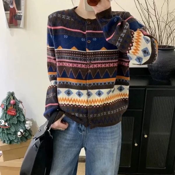 【超细绵羊毛】费尔岛复古民族风提花圆领针织开衫女秋冬毛衣外套