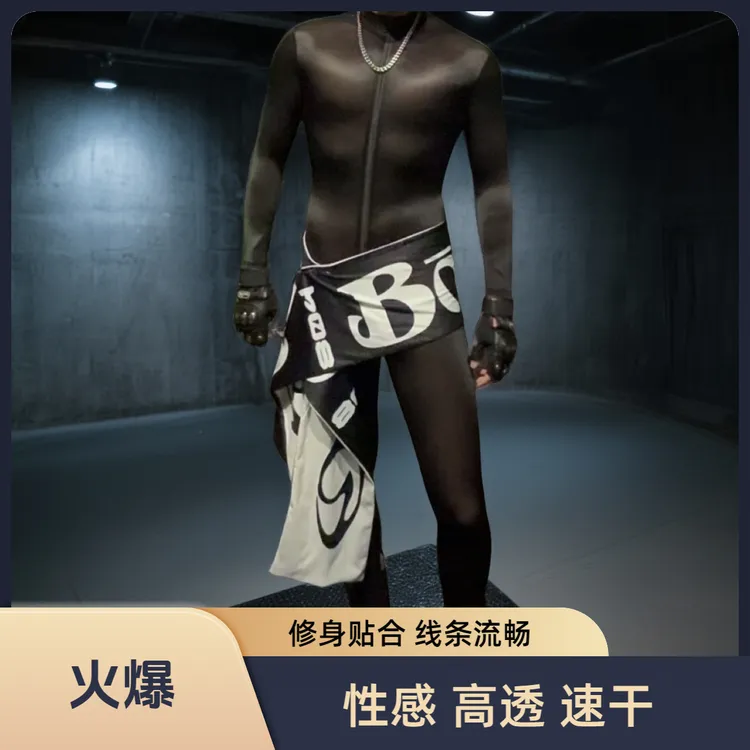 高光油亮拉链式 运动机车紧身连体衣黑色小众