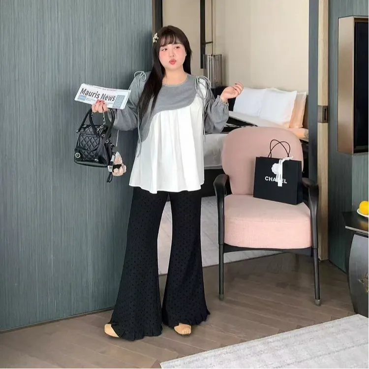 大码女装秋季减龄显瘦花契200斤胖mm波点显瘦腿精花边喇叭裤4335