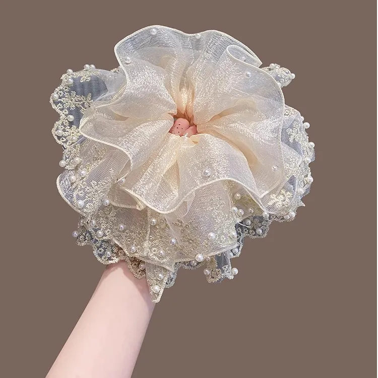 超仙法式优雅温柔感珠珠花边大肠发圈时尚百搭后脑勺扎发高弹头饰