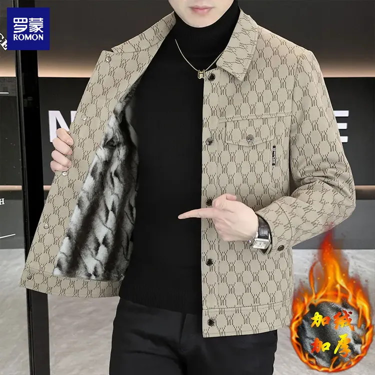 罗蒙男士夹克2025秋冬季新款工装外套潮流休闲翻领条纹呢子上衣服