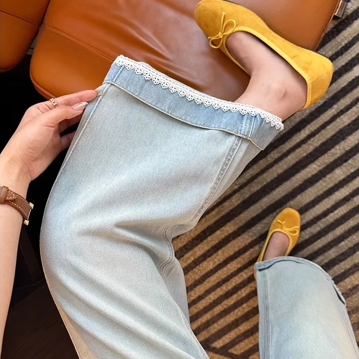 浅色蕾丝花边阔腿牛仔裤女2025夏季新款小个子宽松显瘦九分直筒裤