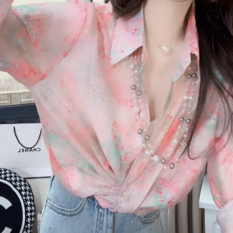 粉色碎花衬衫女2025新款春夏时尚上衣气质洋气轻奢长袖防晒衬衣