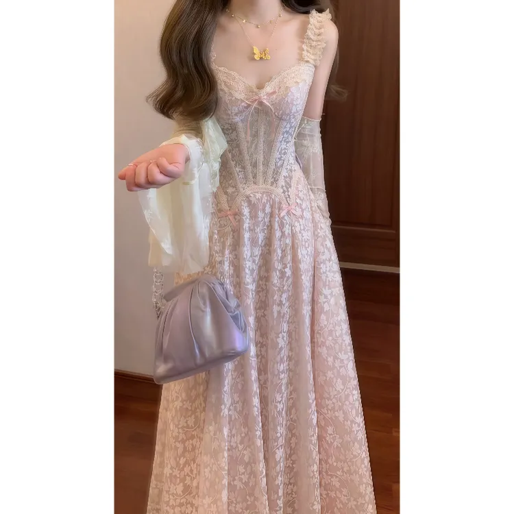 【玻璃糖纸】法式千金风重工蕾丝吊带连衣裙轻礼服优雅长裙9592