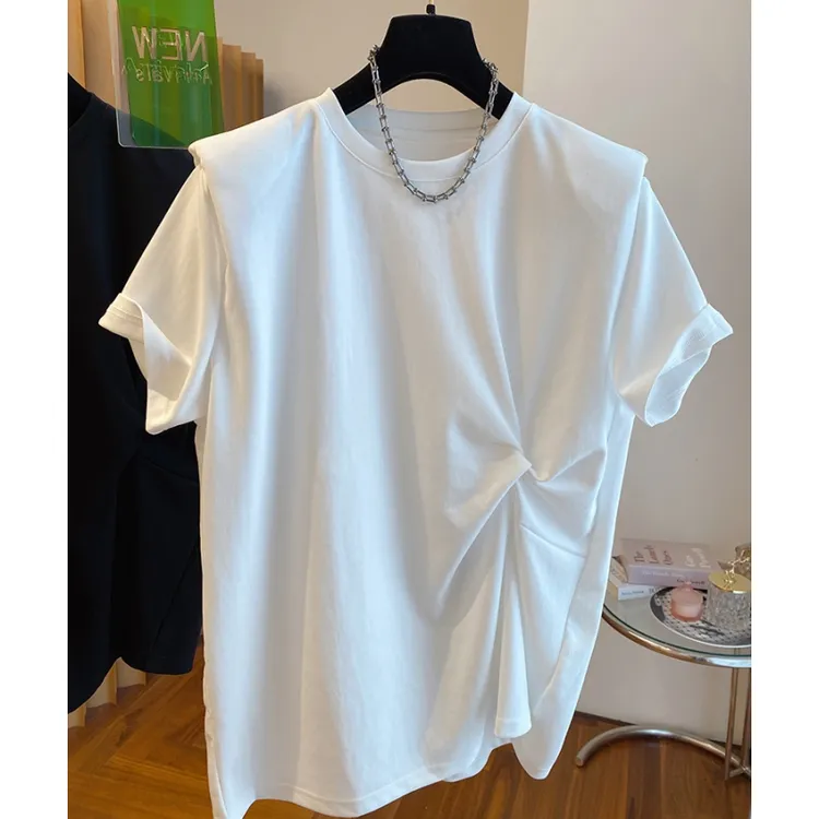 0310新款宽松扭结设计感t恤女短袖欧货大版棉布垫肩打底衫上衣夏