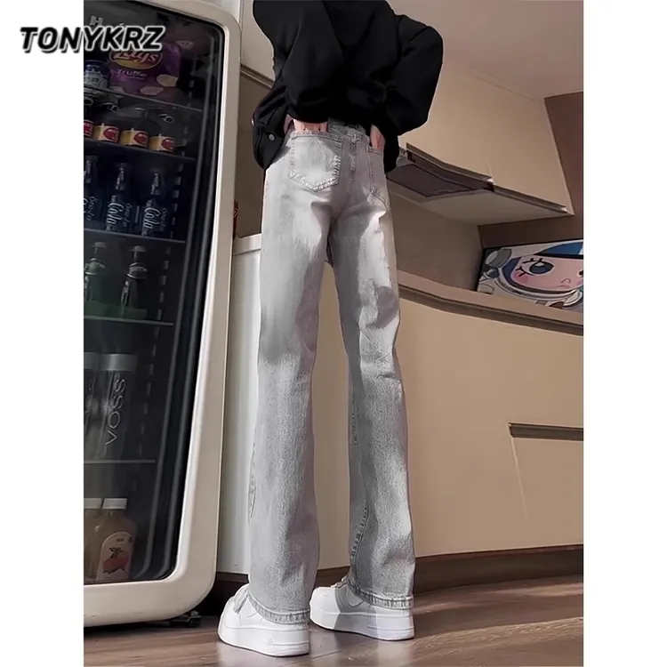 TONYKRZ烟灰色微喇弯刀牛仔裤男款裤子美式高街修身潮牌直筒长裤