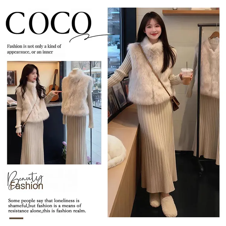 2025秋季新款法式设计感圆领马甲背心收腰长袖毛衣连衣裙两件套T