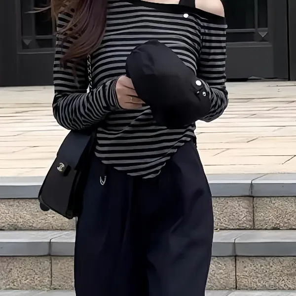 大码条纹斜领露肩长袖T恤女2025秋季新款胖mm不规则显瘦修身上衣