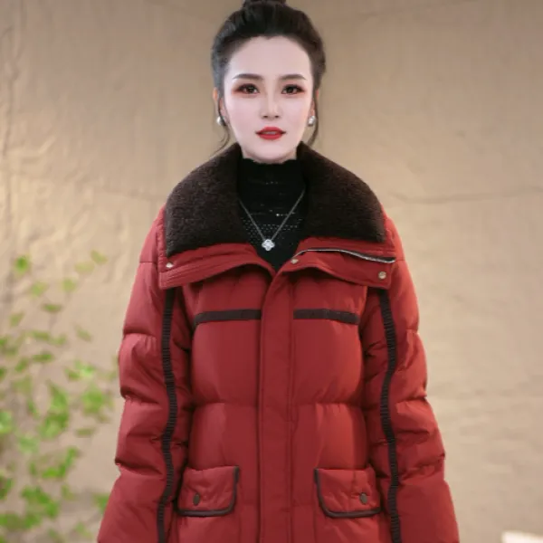 时尚毛领撞色拼接冬季长款保暖白鸭绒羽绒服M-2XL