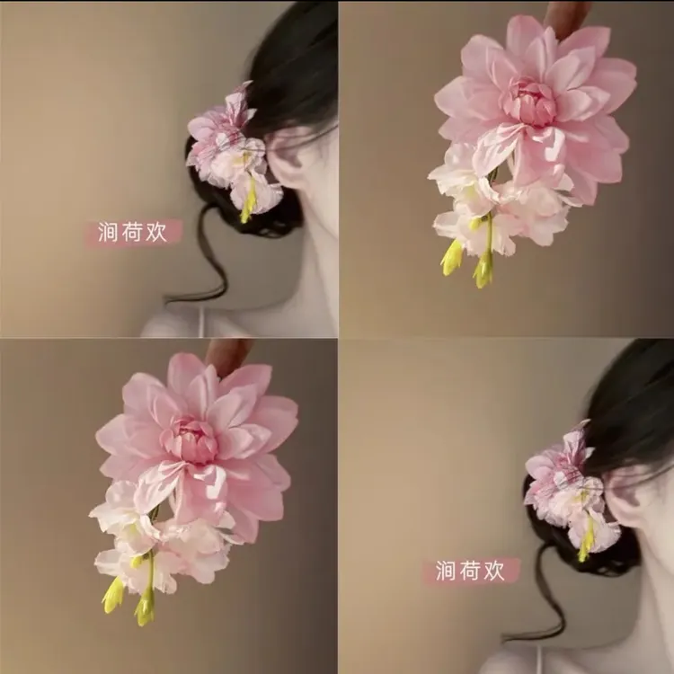 早春款新中式温柔粉色花朵发夹复古盘发丸子头簪花夹子氛围感发饰