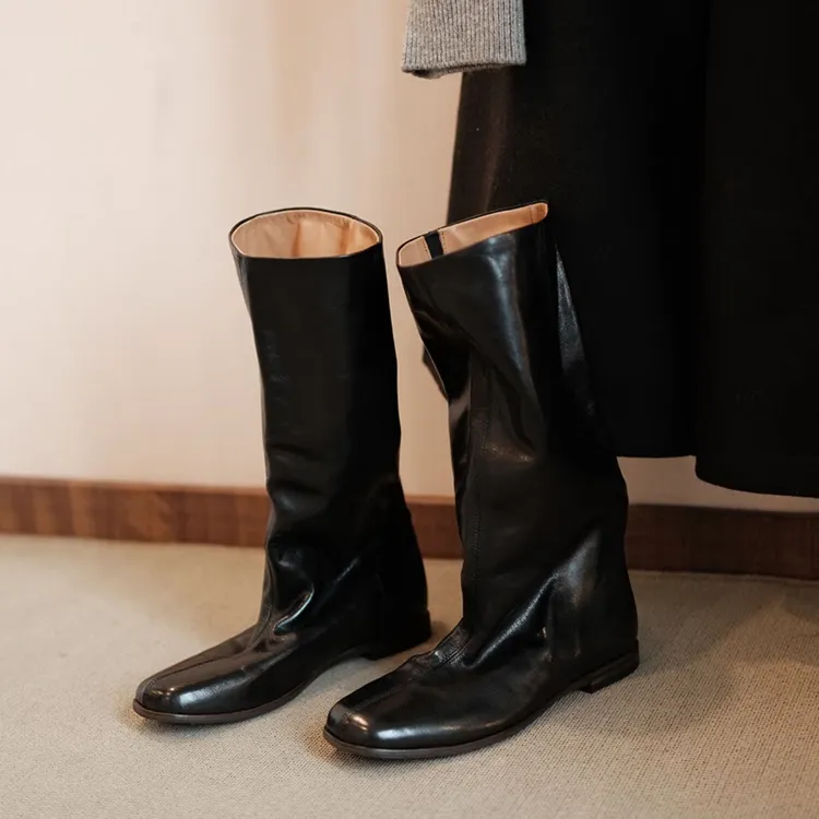 羊皮版~法式方头骑士靴女2025新款秋冬长靴平底显瘦不过膝长筒靴