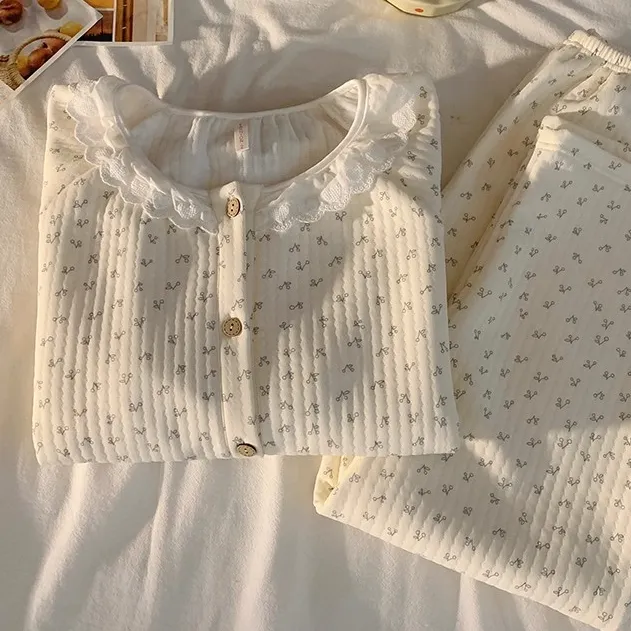 秋冬季新款碎花空气夹棉睡衣女韩版泡泡袖蕾丝花边加厚保暖家居服