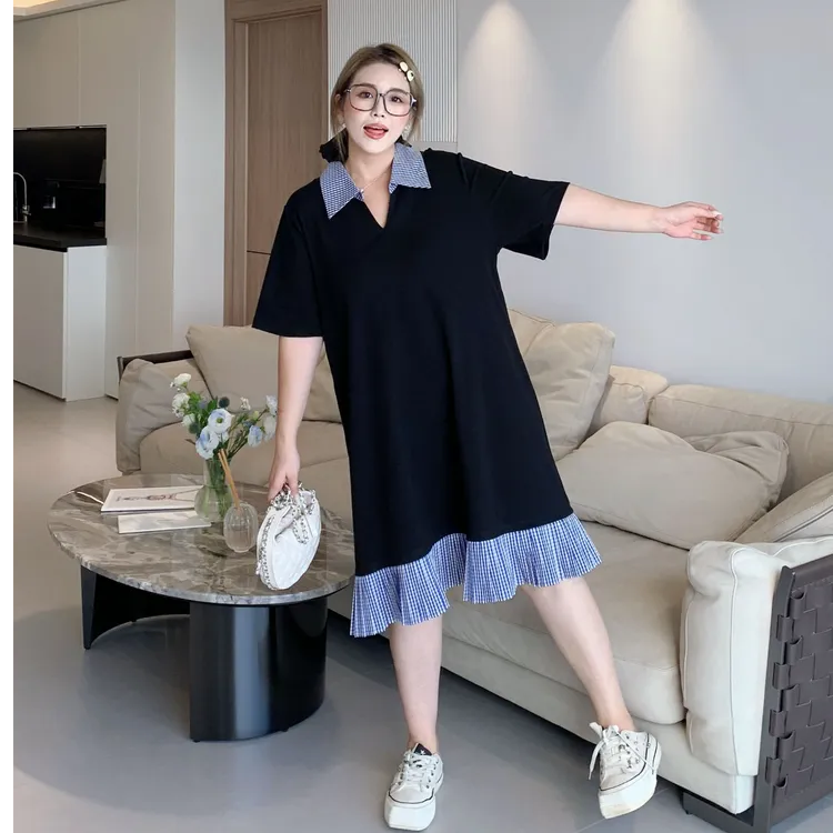 媛子大码撞色格纹拼接polo领连衣裙夏季胖mm宽松显瘦减龄气质短裙