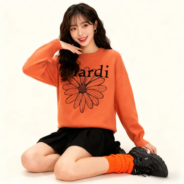 MARDI KNOW系列毛衣橘色款秋季毛针织衫加厚刺绣花秋冬慵懒风百搭