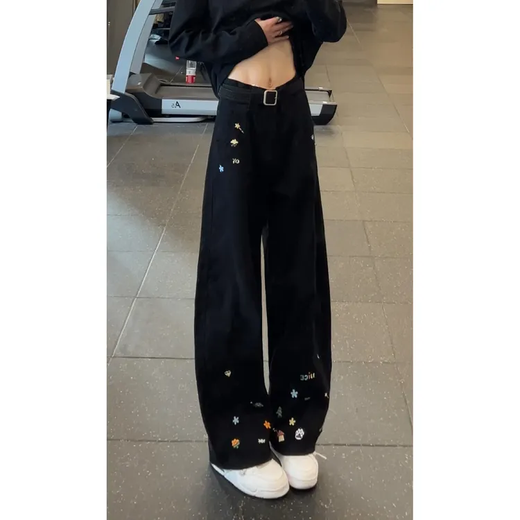 卡通绣花休闲牛仔裤男女同款春秋2025新款情侣宽松阔腿微弯刀裤子