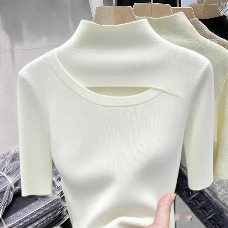 镂空半高领打底衫女内搭秋冬2025新款洋气螺纹衫弹力t恤中袖上衣