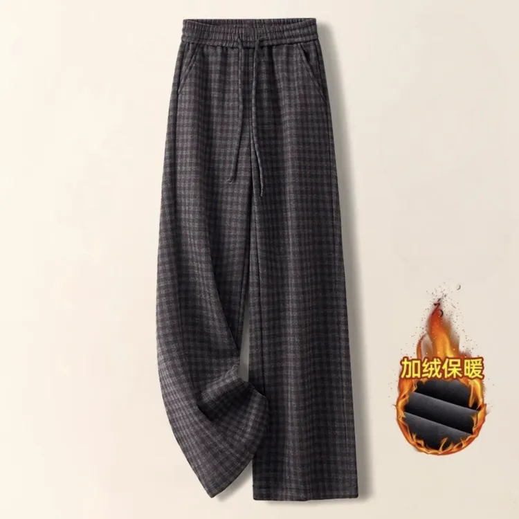 （加绒）秋冬季新款毛呢格子阔腿裤高腰显瘦保暖格纹休闲直筒裤