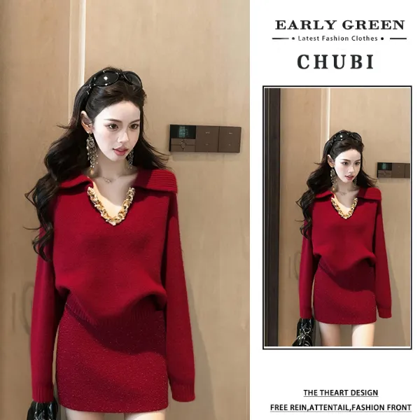 圣诞新年氛围感小香风红色烫钻毛衣半身裙套装2025秋冬新款两件套