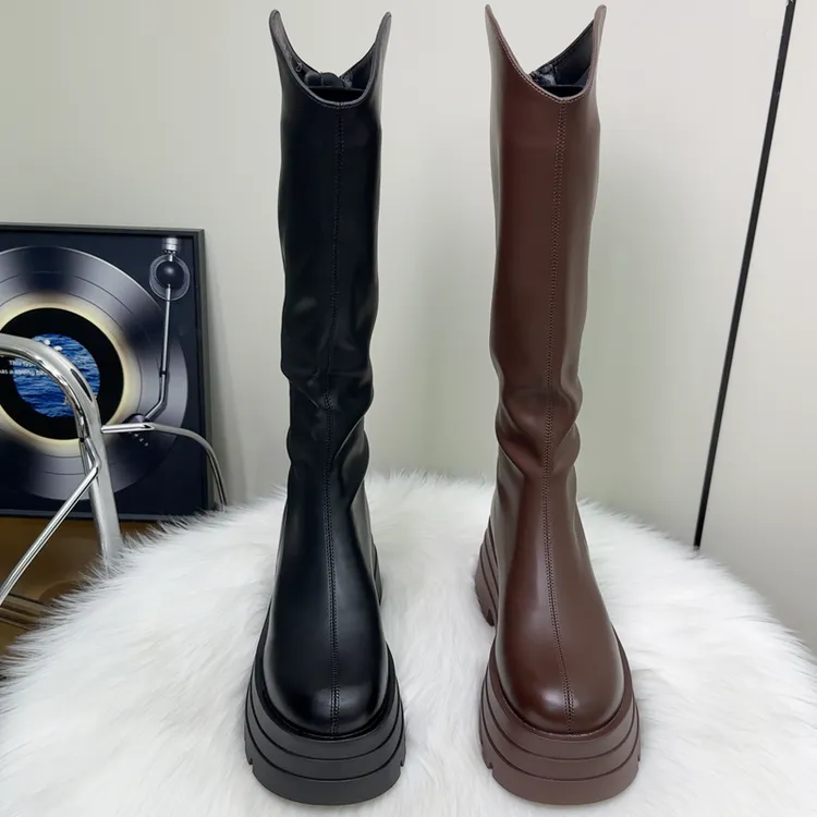 胖妹妹小个子美拉德弹力骑士靴女厚底增高7cm长靴子加绒保暖女靴