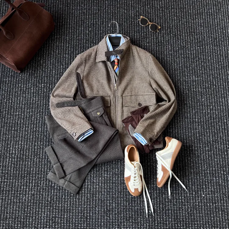 CssuGent冬季复古老钱千鸟格羊毛夹克男商务休闲高奢行政保暖外套