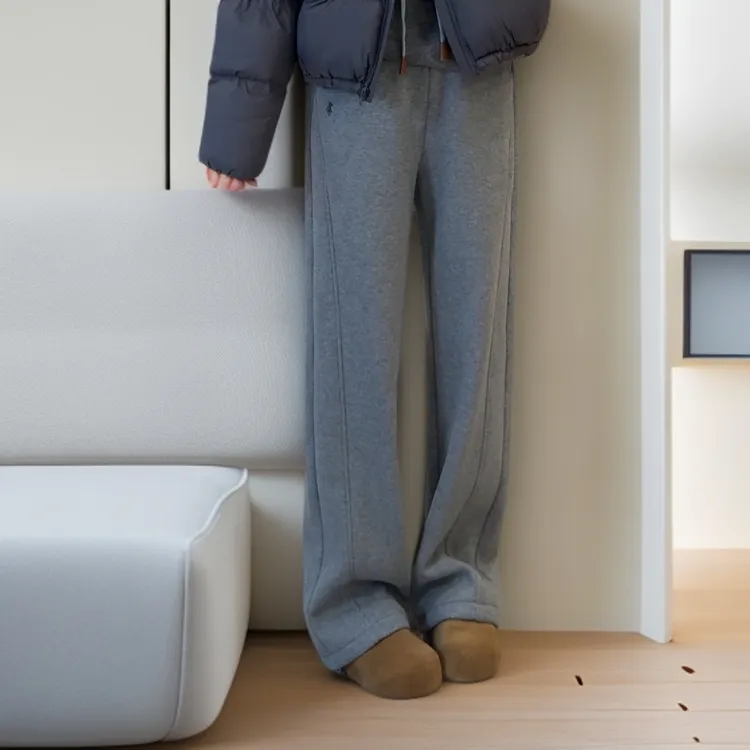 宿慕SUMU韩版拼色抽绳加绒阔腿裤女11-2冬季显瘦休闲加厚长裤6709