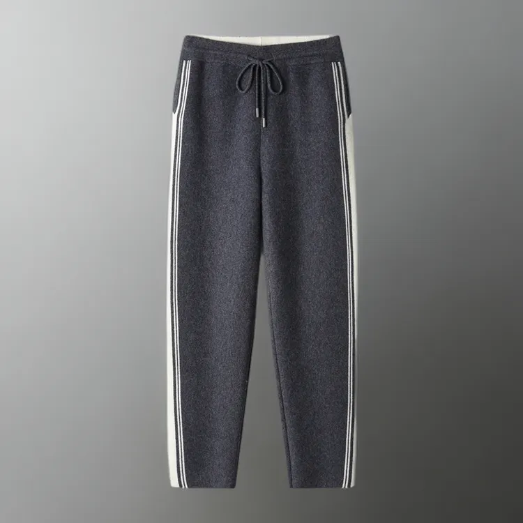 男士休闲裤秋冬款100%纯羊毛裤子松紧腰加厚针织长裤灰色休闲卫裤