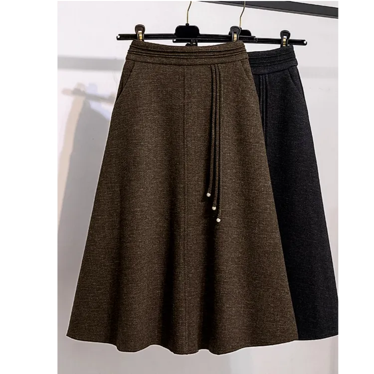 毛呢半身裙女秋冬长裙子2024新款高腰中式半裙显瘦伞裙大摆a字裙