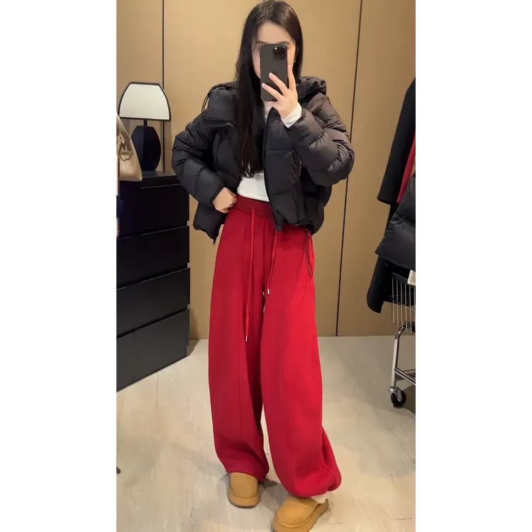 时尚休闲弯刀裤女冬季2025新款宽松慵懒显瘦加绒抽绳运动阔腿卫裤