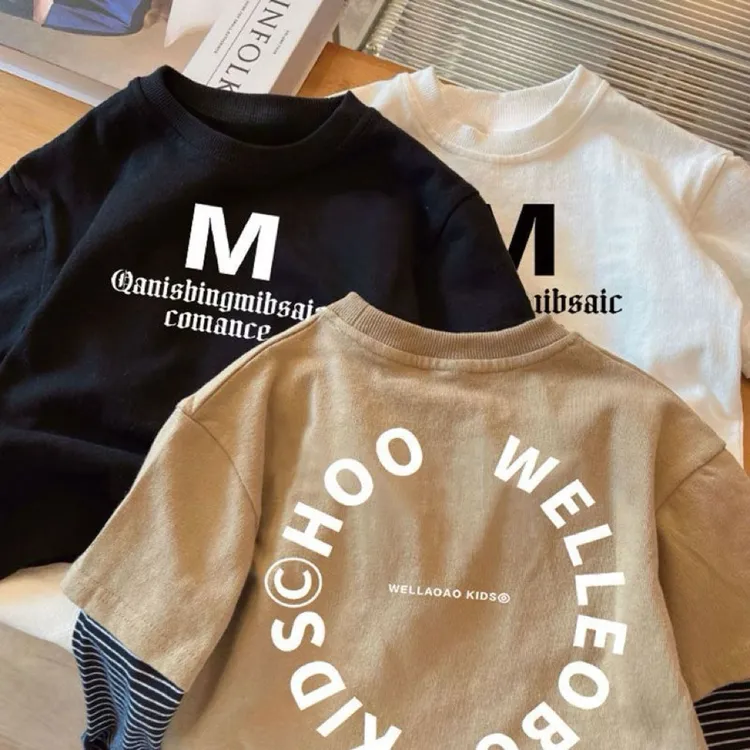 长袖童装男童痞帅假两件长袖T恤春装儿童宝宝洋气休闲字母上衣潮