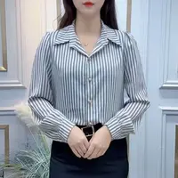新款时尚条纹女士长袖衬衫百搭显瘦春夏衬衫韩版长袖衬衣带领2702