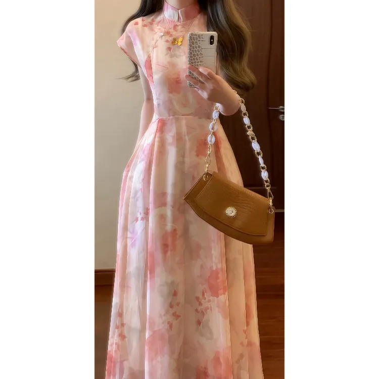 【空山蔷薇】温润如玉新中式国风改良旗袍连衣裙飞飞袖收腰长裙9467