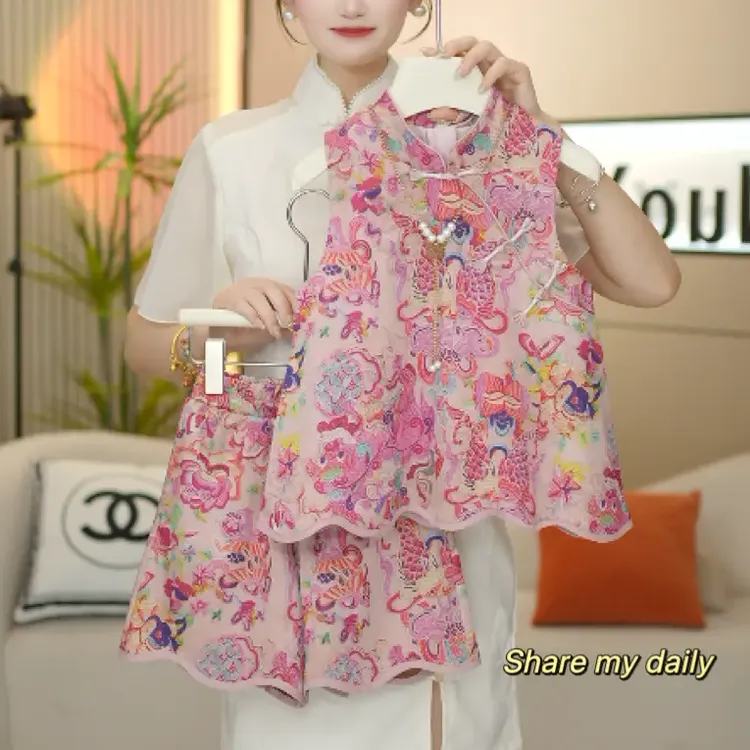 女童2025夏季新款新中式改良国风背心+短裤套装儿童碎花时尚复古