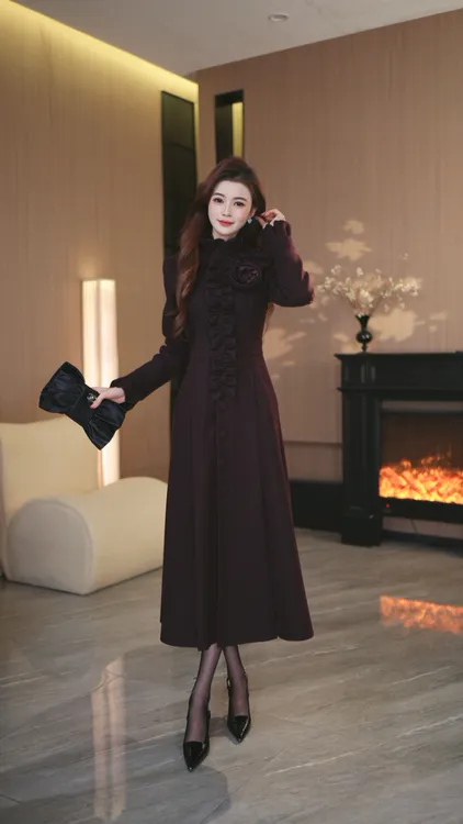 罗曼定制 高定原创深紫色大衣外套女气质A字大摆收腰冬季连衣裙