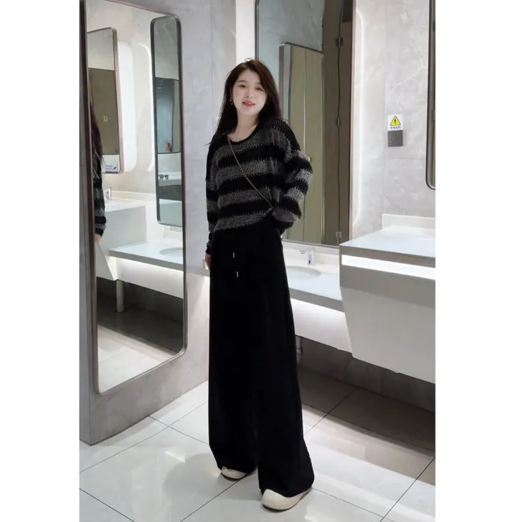 韩系慵懒风条纹毛衣休闲裤套装女2025秋季显瘦针织衫阔腿裤两件套