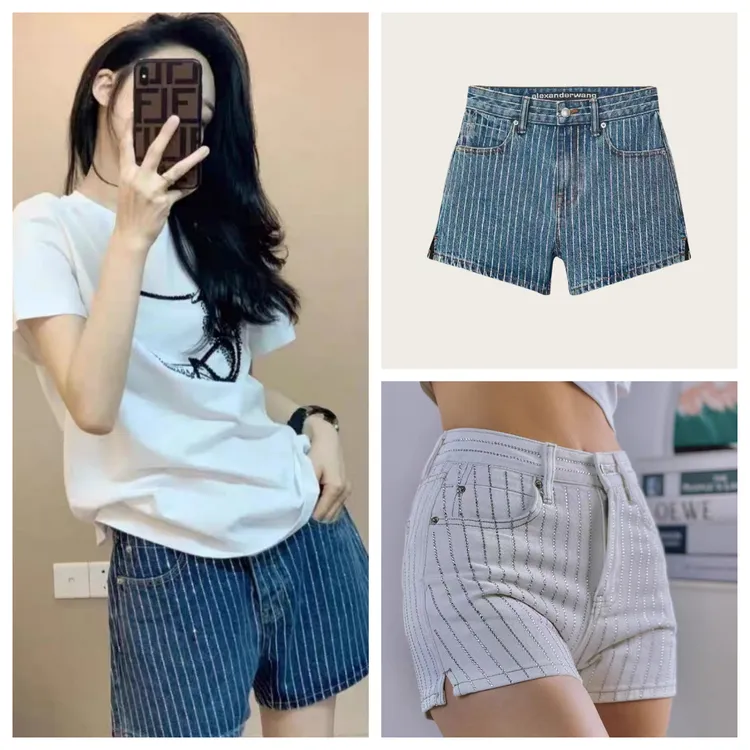 美国代购AlexanderWang亚历山大王显瘦竖条纹水钻满钻牛仔短裤女