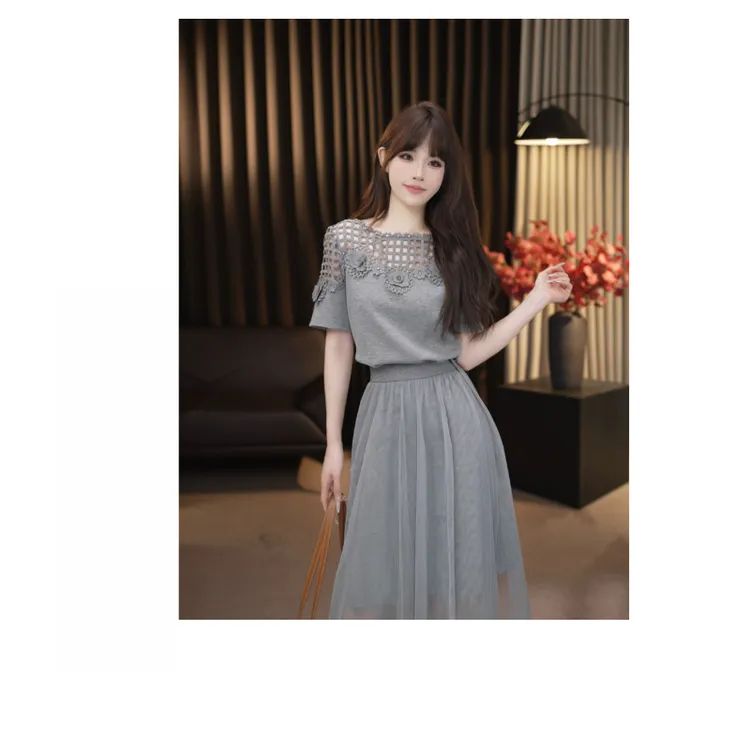 珩绣气质镂空连衣裙+网纱女2025夏季新款宽松显瘦套装A30011-1