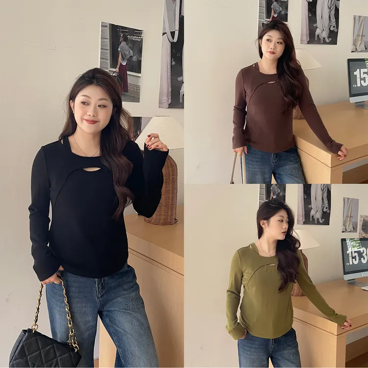 QC宣宣【心机内搭】镂空T恤上衣女冬百搭正肩显瘦打底衫ZY509R30