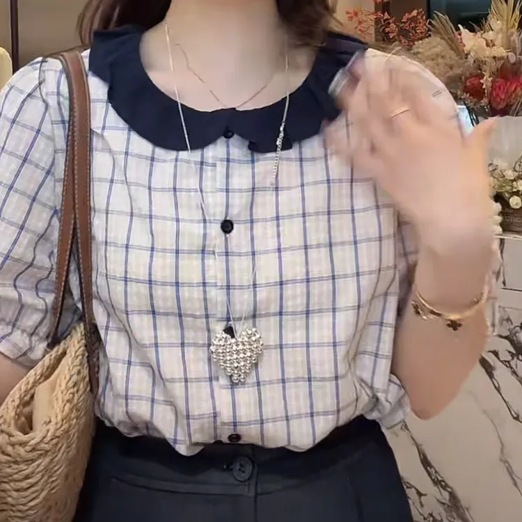 【聂姑娘专属】设计感娃娃领格子显瘦短袖上衣女2025年夏季16013